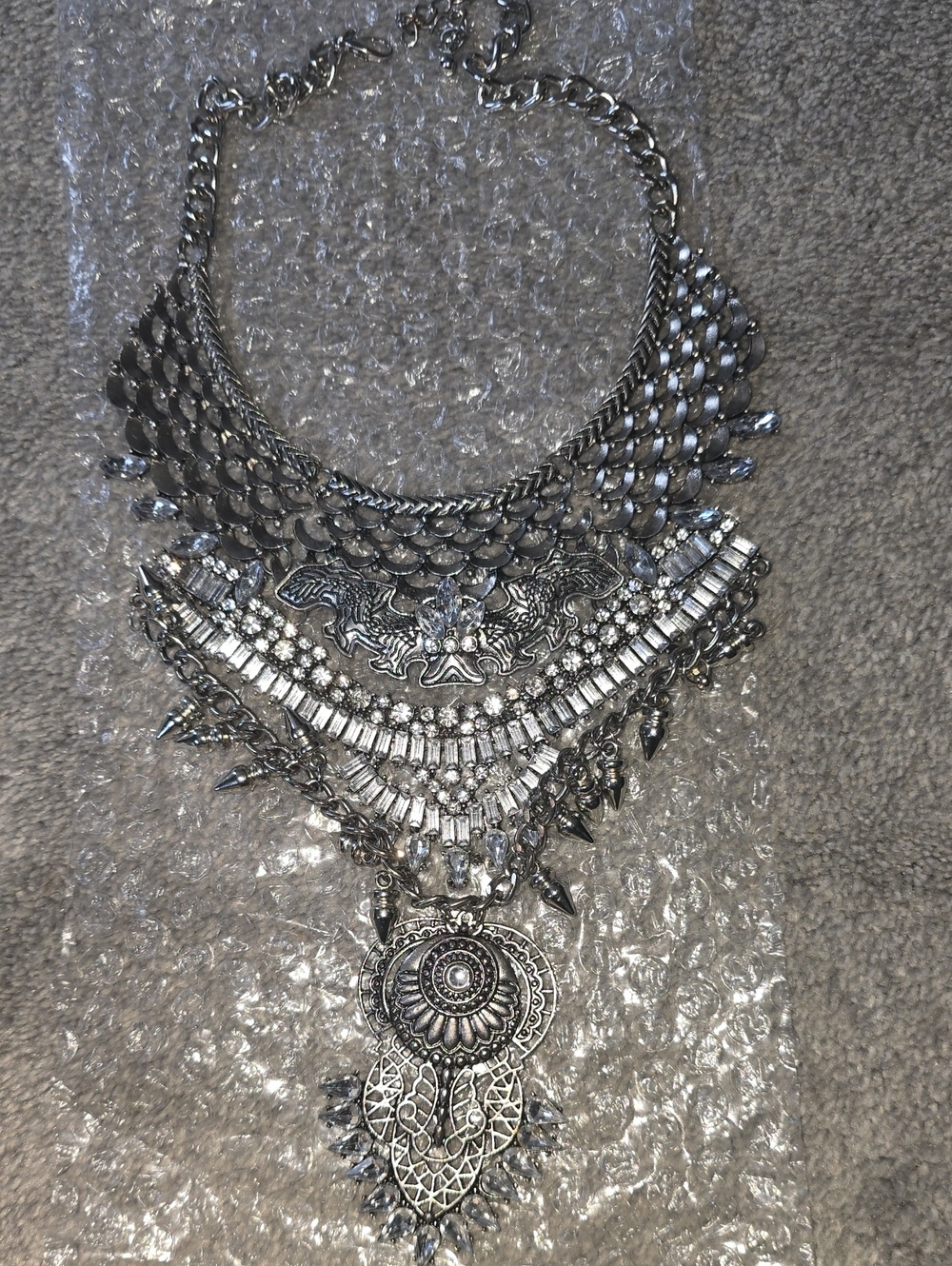 Silver Statement Bib Necklace - Ornate Layered Women’s Jewelry